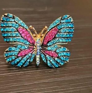 Blue and Pink Butterfly Ring With Stretchy Back.